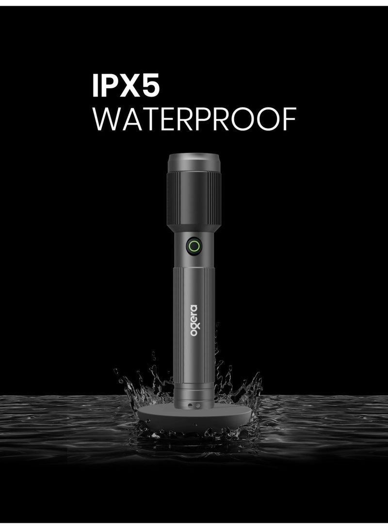 أوجيرا كشاف LED قابل لإعادة الشحن | إضاءة ليزر عالية القدرة 20 واط | سطوع 1500 لومن | مدى إضاءة 2000 متر | شحن USB Type-C | مقاوم للماء IPX5 | خاصية الزوم ووضع SOS للطوارئ | ضمان سنتين | OG1015SL | أسود - Image 3